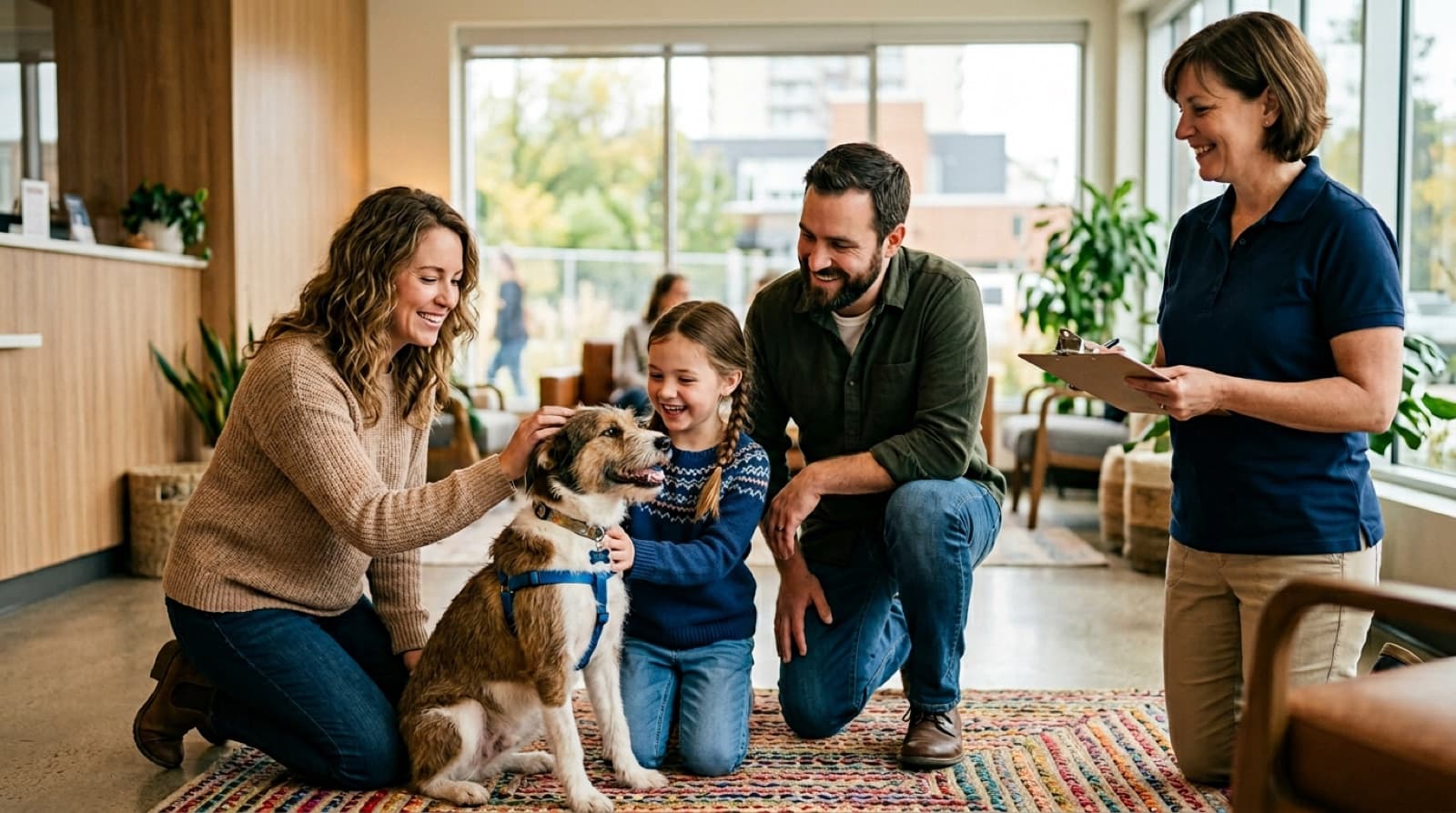 A family meeting an adoptable dog at the Edmonton Humane Society adoption facility with an adoption counsellor explaining the dog's background