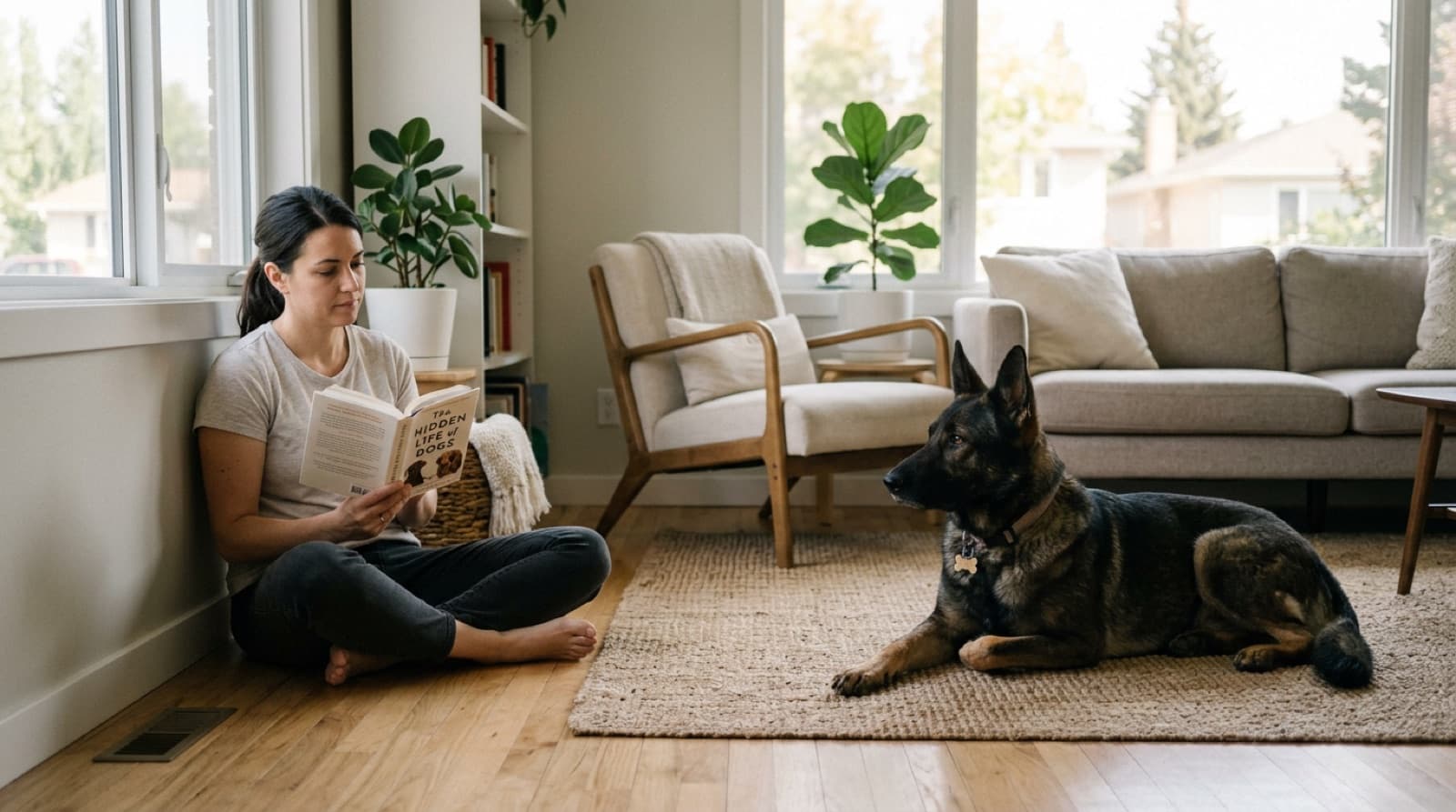 A rescue German Shepherd lying calmly in a Calgary home with the new owner sitting nearby on the floor giving the dog space, illustrating the patient trust-building approach for trauma-history GSDs