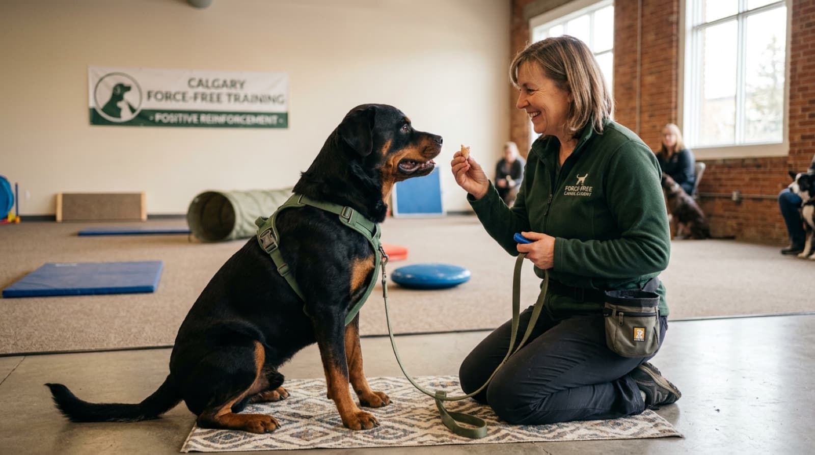 A Calgary force-free trainer working with an adult Rottweiler using clicker + high-value treats, demonstrating the positive reinforcement methodology required for fear-reactive Rottweilers