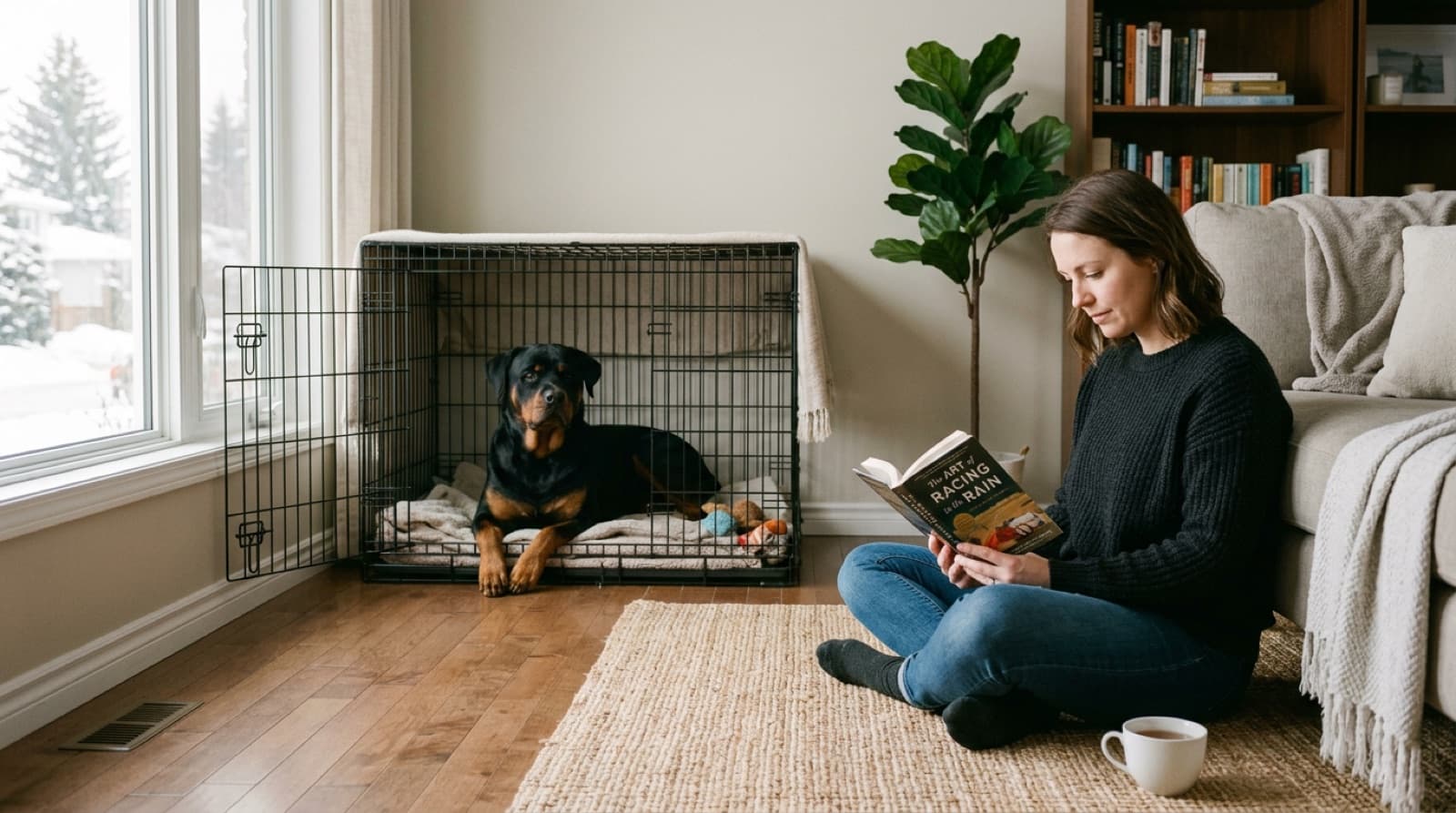 An adopter sitting on the floor of a quiet Calgary living room about 8 feet away from a recently-adopted adult Rottweiler resting in a crate, intentionally giving the dog space + reading a book without making eye contact