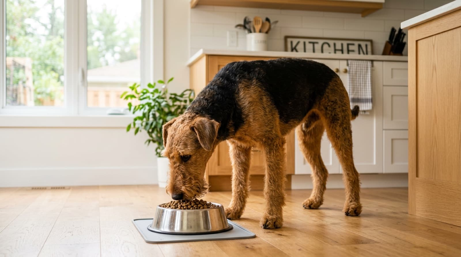Airedale Terrier beside a bowl of kibble in a bright home kitchen