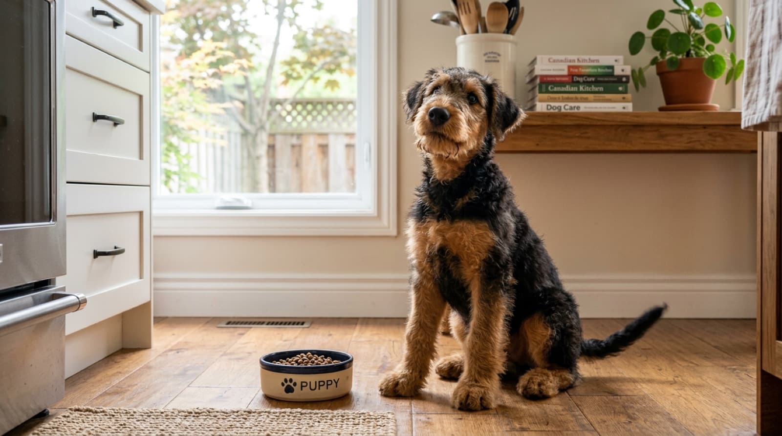 Airedale Terrier puppy eating from a bowl on a home kitchen floor