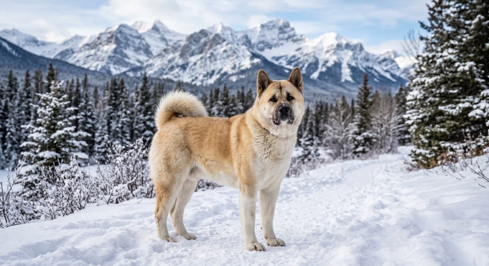 A powerful Akita with a thick double coat and curled tail standing proudly in a snowy Calgary park, mountains in the distance
