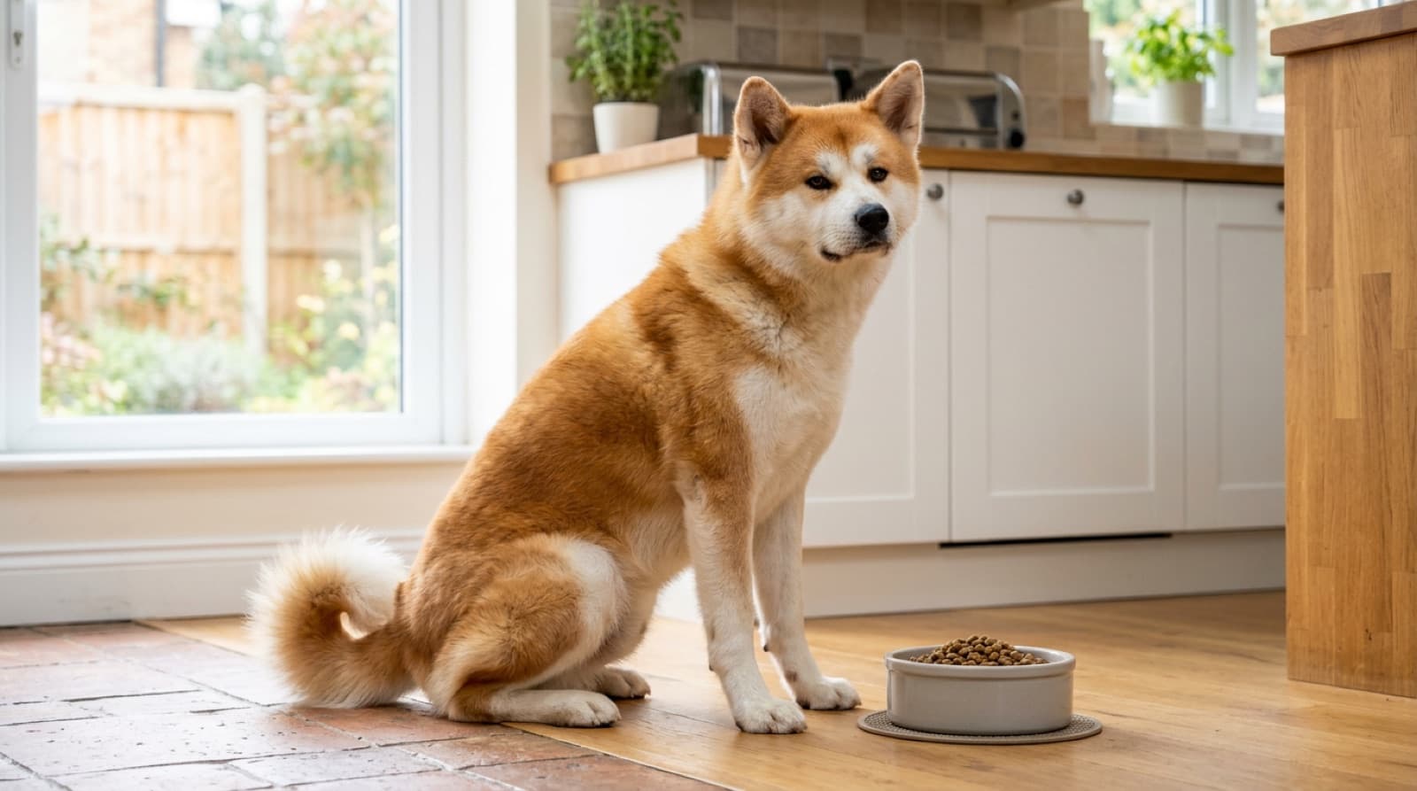 Akita beside a large bowl of kibble in a bright home kitchen