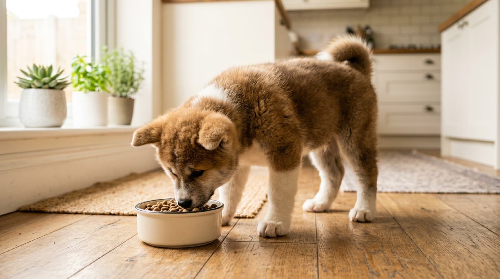 Akita puppy eating from a bowl on a home kitchen floor
