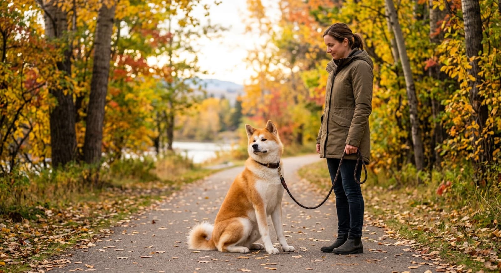 A dignified Akita sitting calmly on leash beside its owner on a quiet Calgary pathway, alert and composed