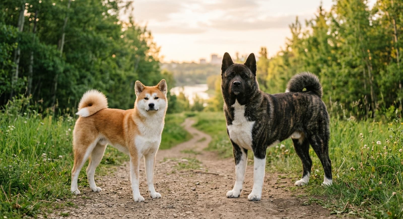 A side-by-side comparison of two Akita types: on the left a smaller Japanese Akita Inu with red-and-white coat and foxier facial features, on the right a larger American Akita with broader bear-like head and brindle coat, both standing alertly in an Edmonton outdoor setting