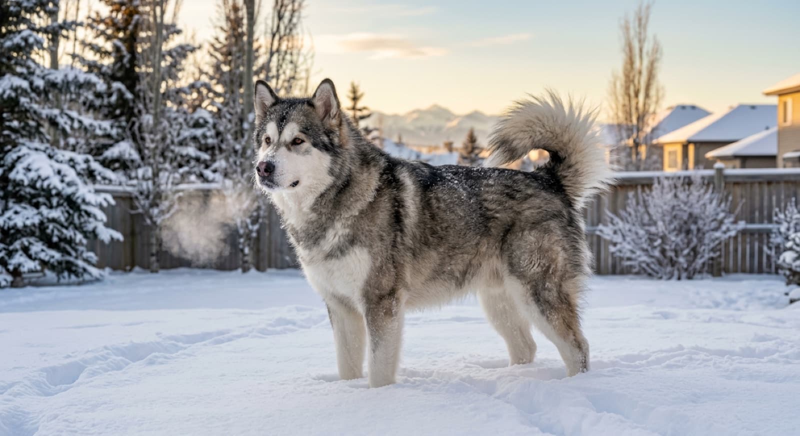 Adult Alaskan Malamute in deep Calgary winter snow, representing the Arctic working breed in its element