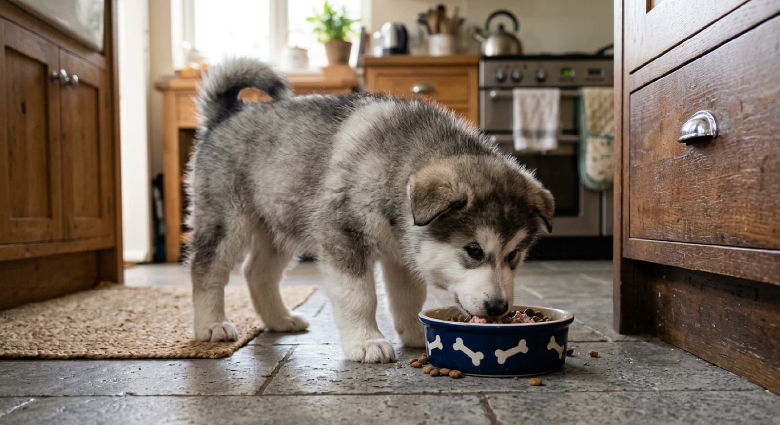 Alaskan Malamute puppy eating from a bowl on a home kitchen floor