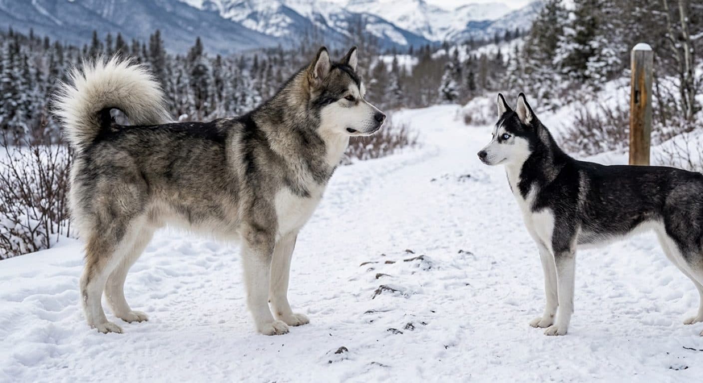 An Alaskan Malamute and a smaller Siberian Husky facing each other on a snowy trail