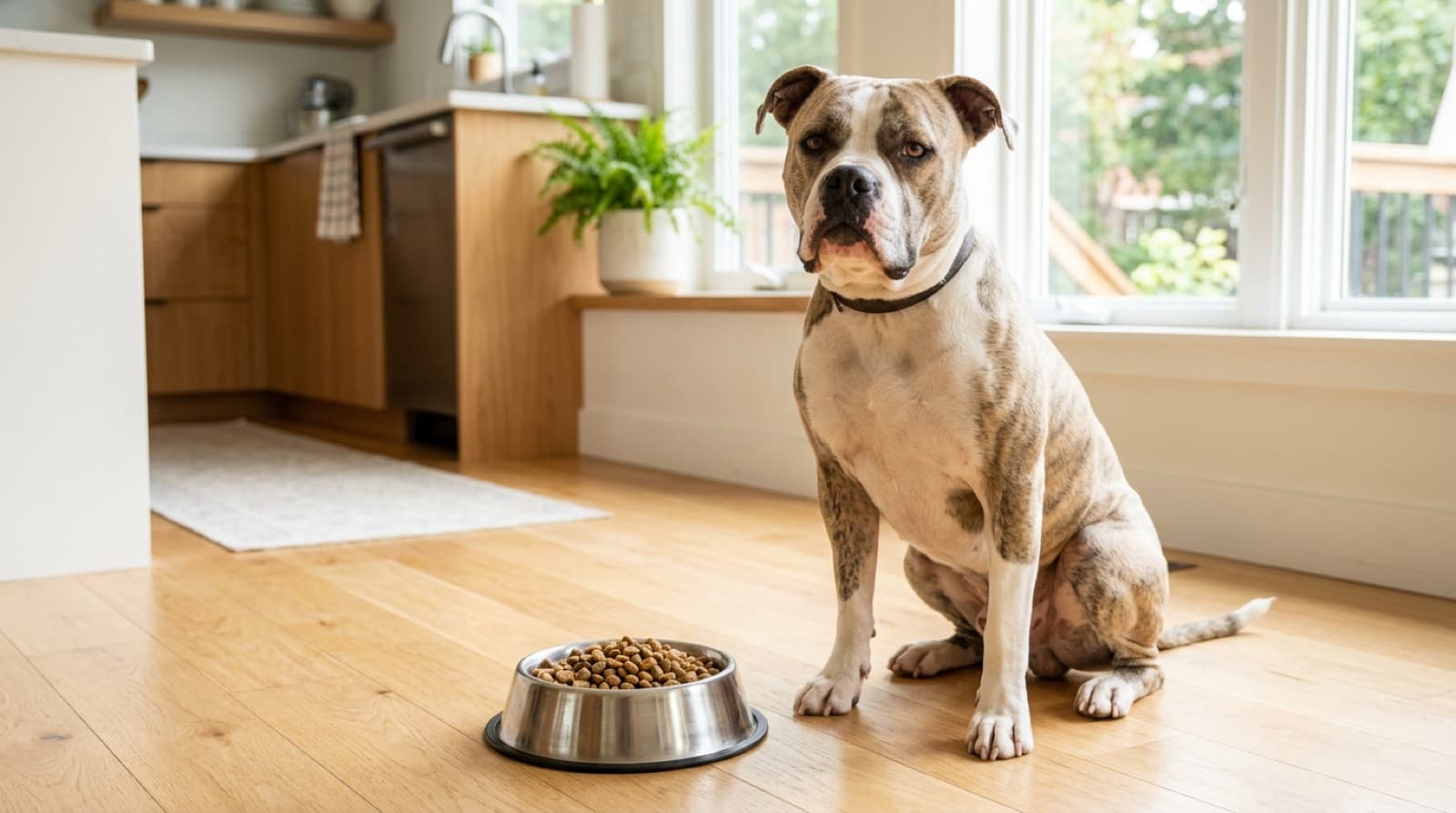 American Bulldog beside a bowl of kibble in a bright home kitchen