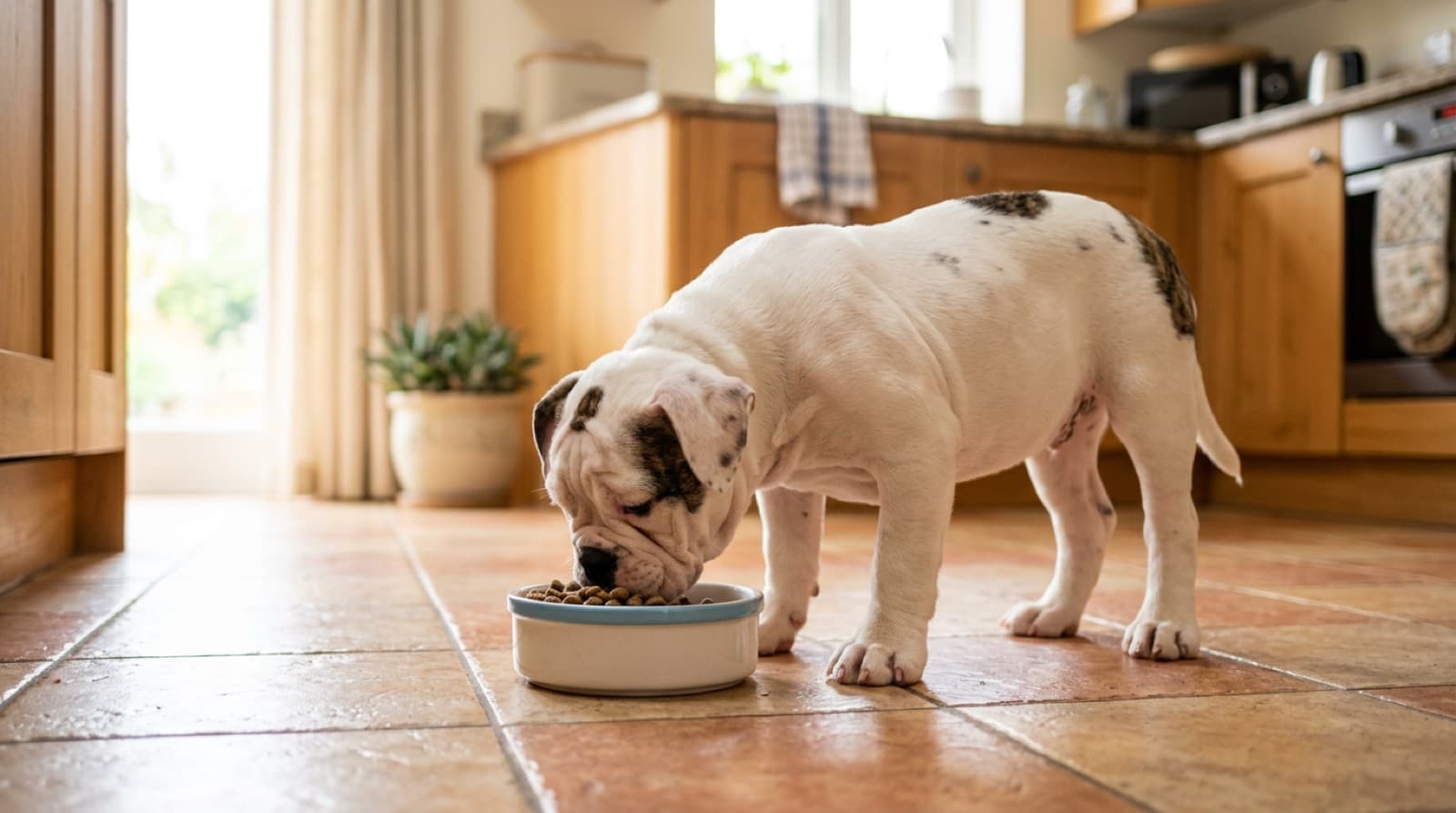 American Bulldog puppy eating from a bowl on a home kitchen floor