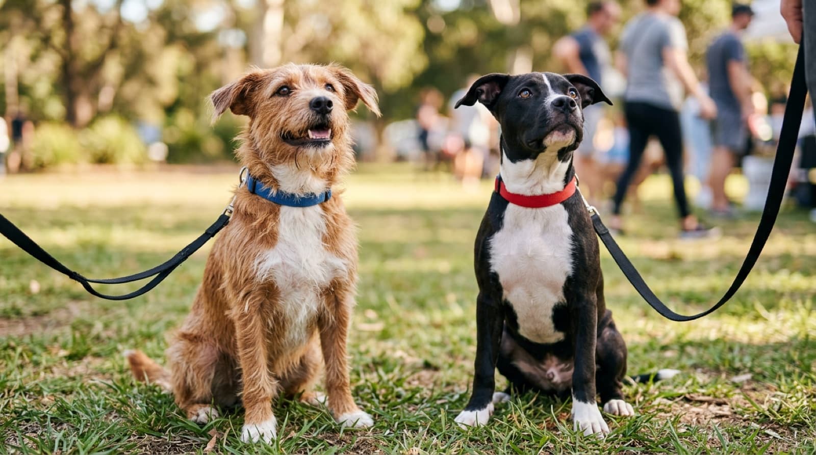 Two adoptable dogs looking hopeful at a Toronto adoption event