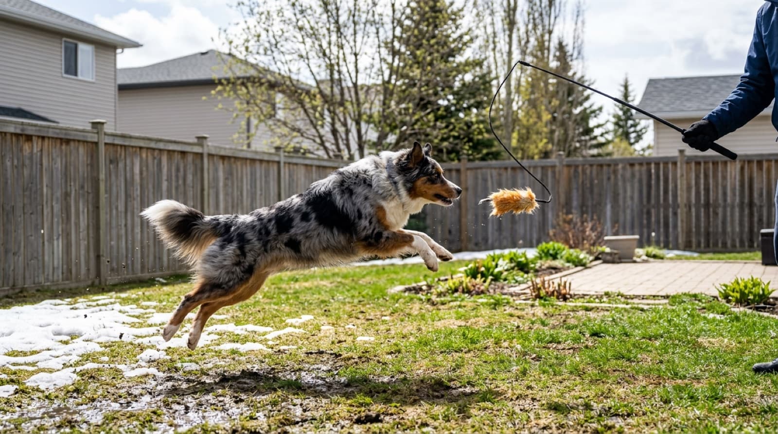 A blue-merle Australian Shepherd in mid-chase of a flirt pole lure in an Edmonton suburban backyard, illustrating the appropriate herding-drive outlet that prevents redirected drive into furniture and fence-running