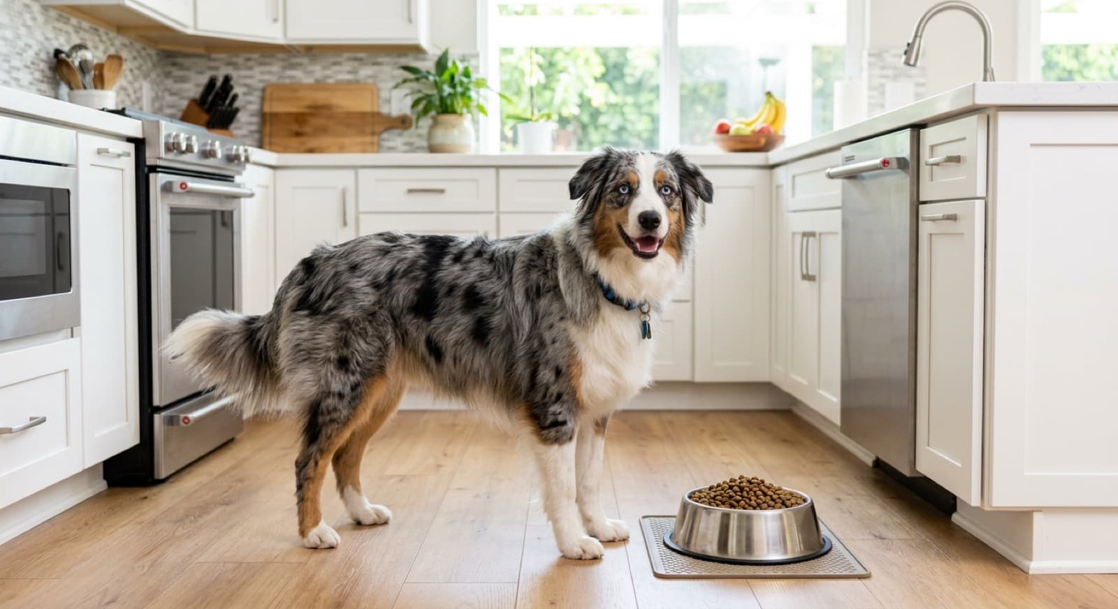 Australian Shepherd standing beside a bowl of kibble in a bright home kitchen
