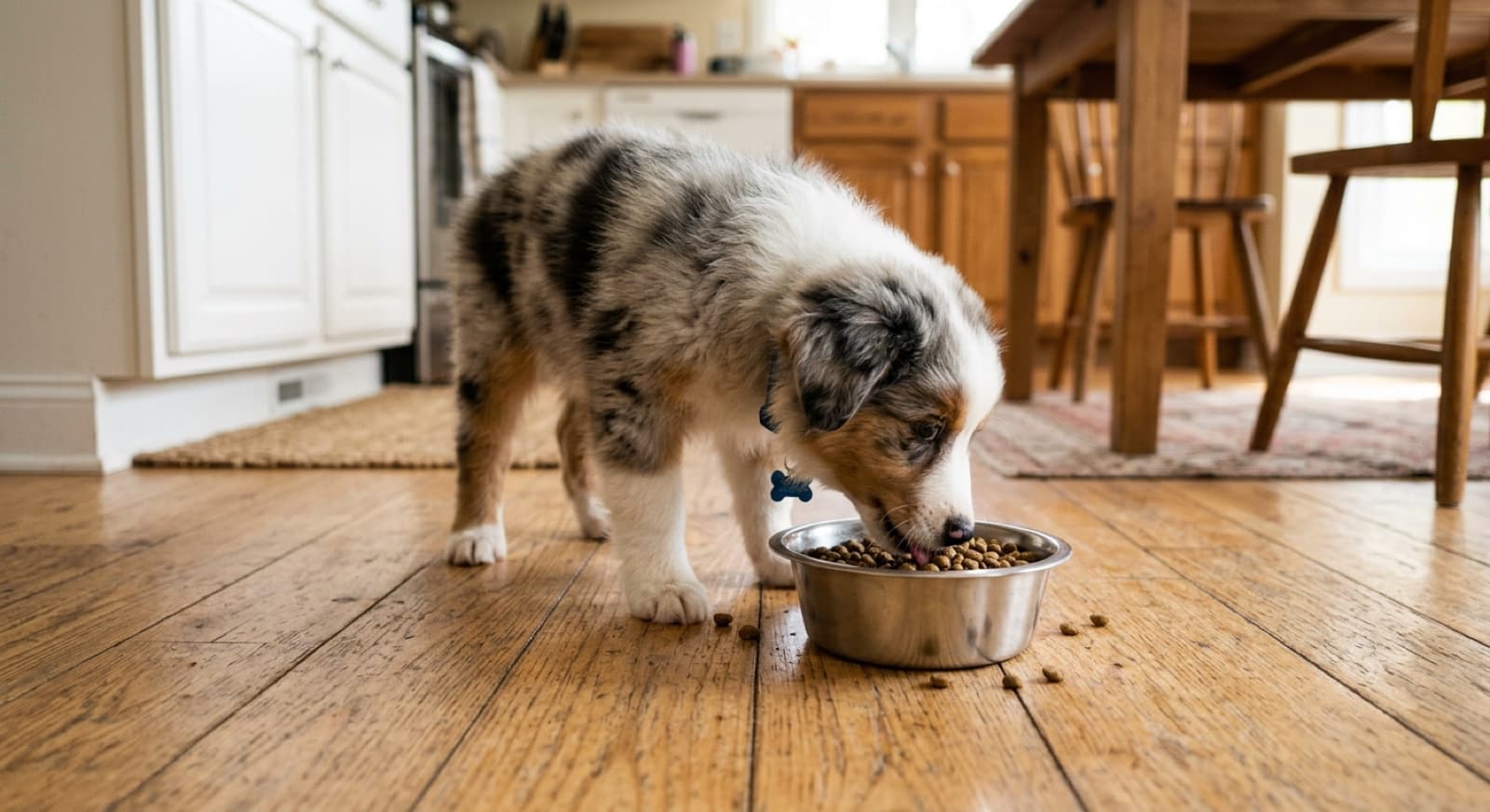 Australian Shepherd puppy eating from a stainless bowl on a home kitchen floor