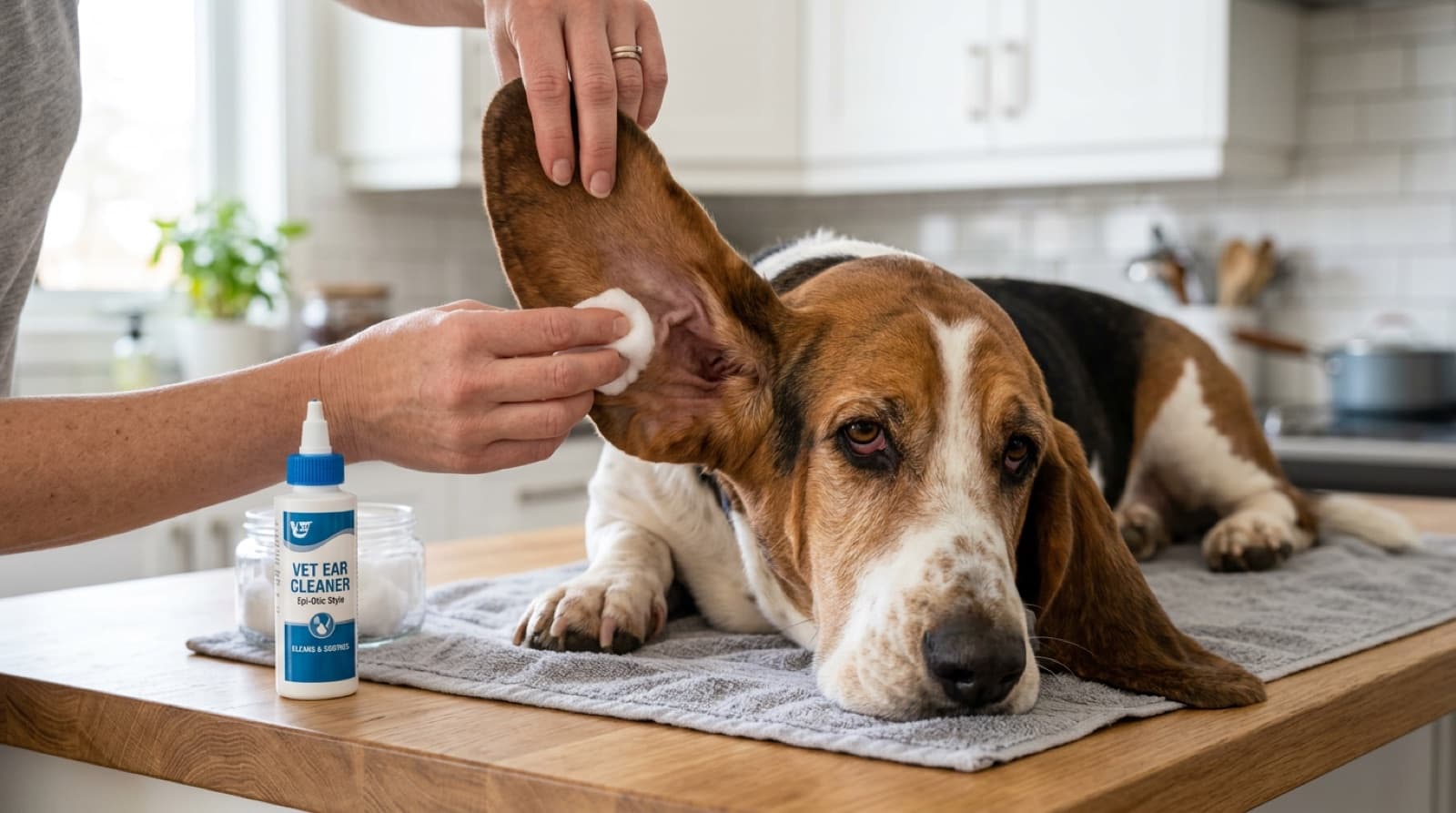 An owner gently cleaning the inside of a long Basset Hound ear with a cotton ball and veterinary ear cleaner, illustrating the weekly ear-cleaning routine that prevents the chronic ear infections affecting most of the breed