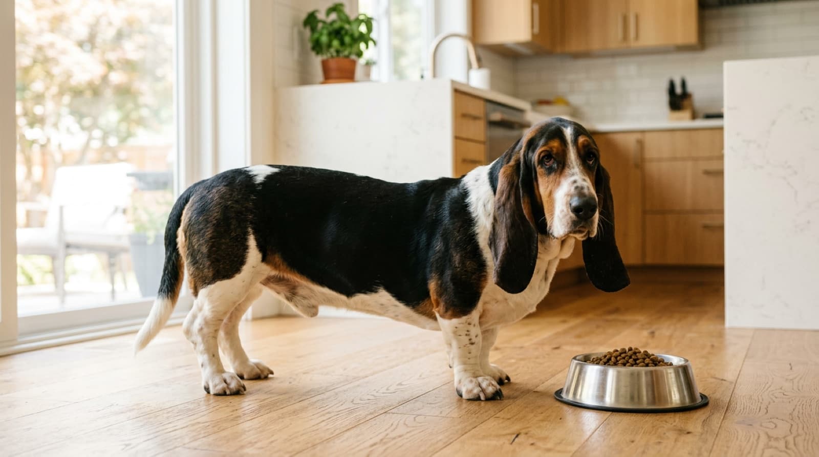 Basset Hound beside a bowl of kibble in a bright home kitchen