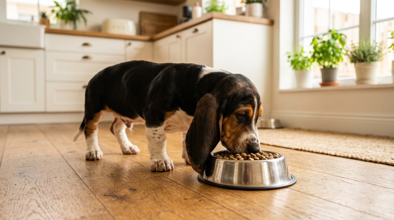 Basset Hound puppy eating from a bowl on a home kitchen floor