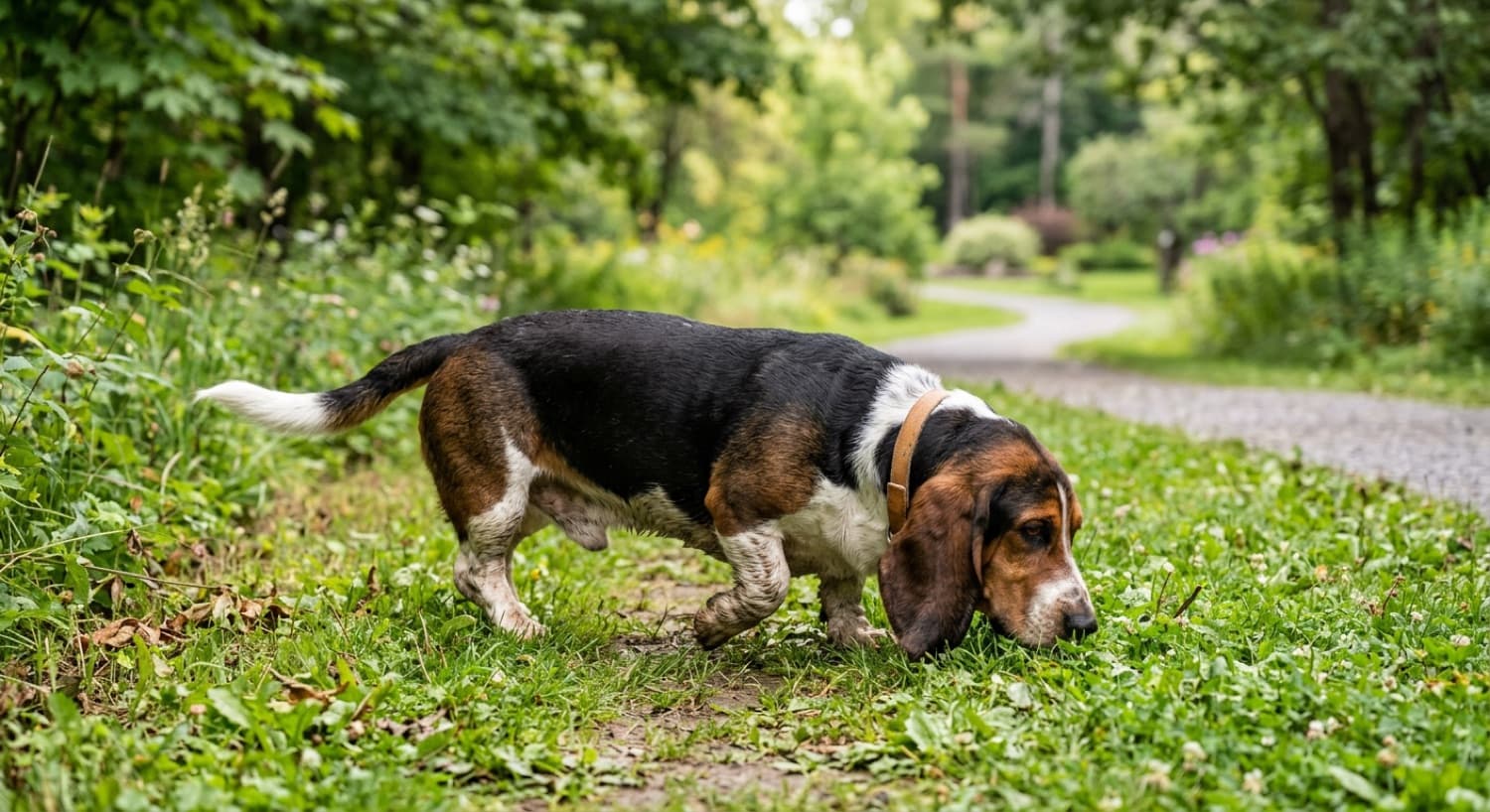 A Basset Hound sniffing along the grass on a walk in a Toronto park