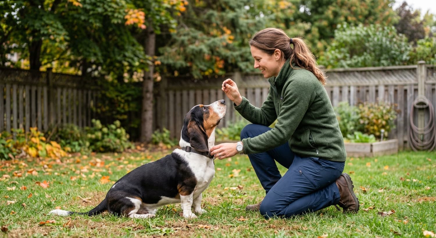 A person training a Basset Hound with a treat reward in a Toronto backyard