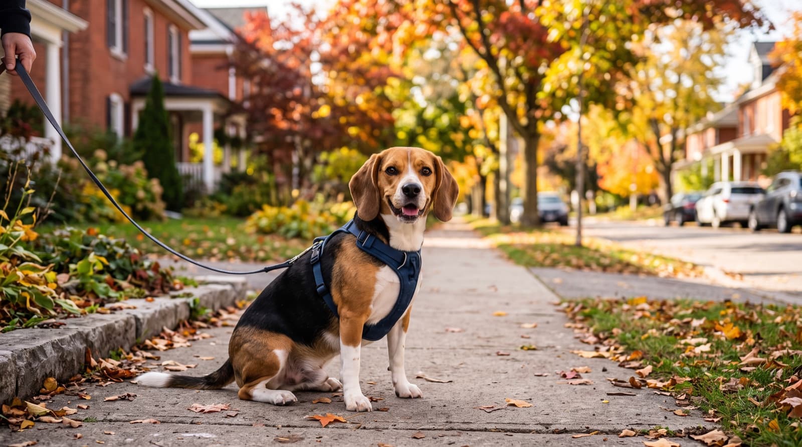 A tricolour Beagle on lead along the Lake Ontario waterfront in Kingston, Ontario, nose down and following a scent, representing the friendly but nose-driven temperament of the breed in Kingston rescue