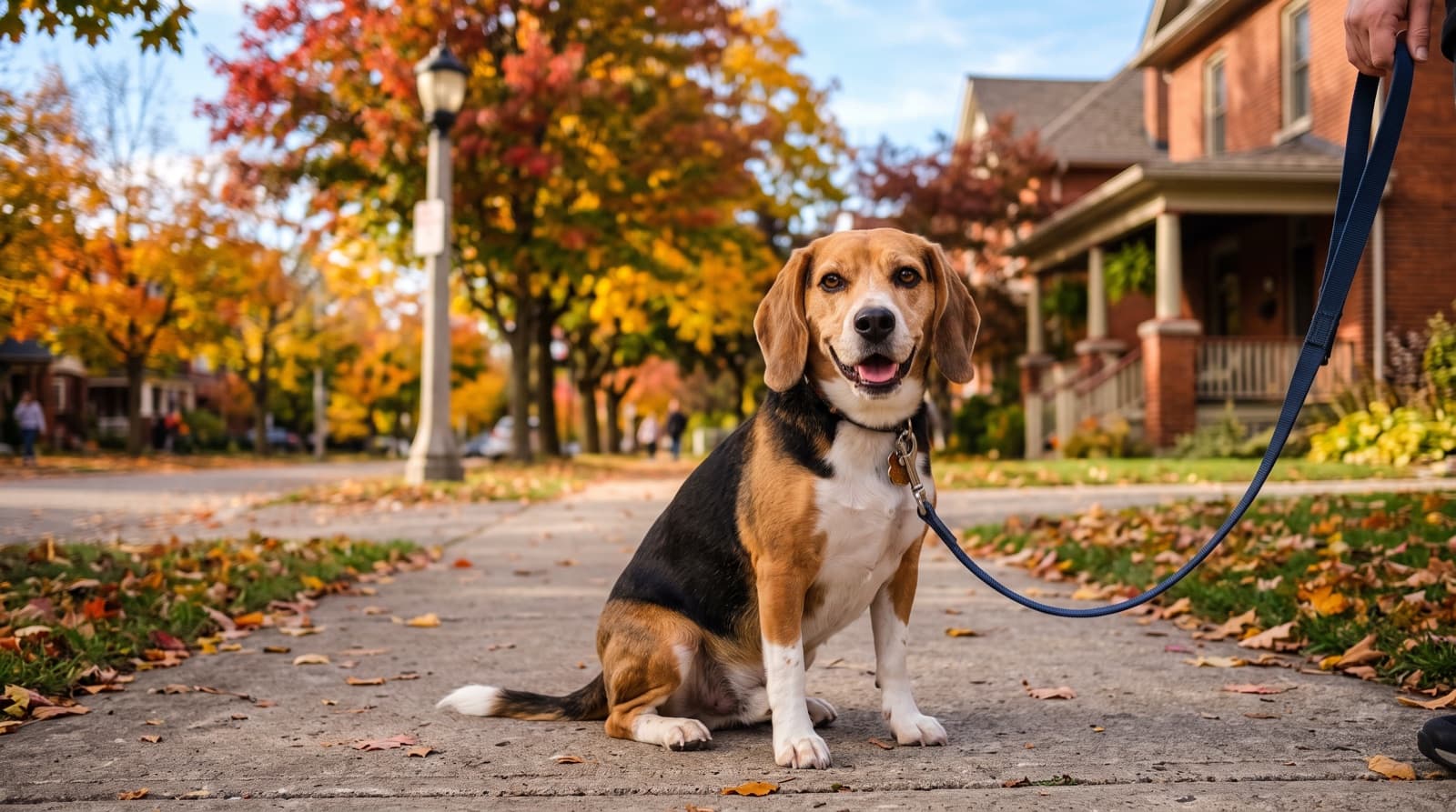 A tricolour Beagle on lead on a leafy London, Ontario riverside path, nose down and following a scent, representing the friendly but nose-driven temperament of the breed in London rescue
