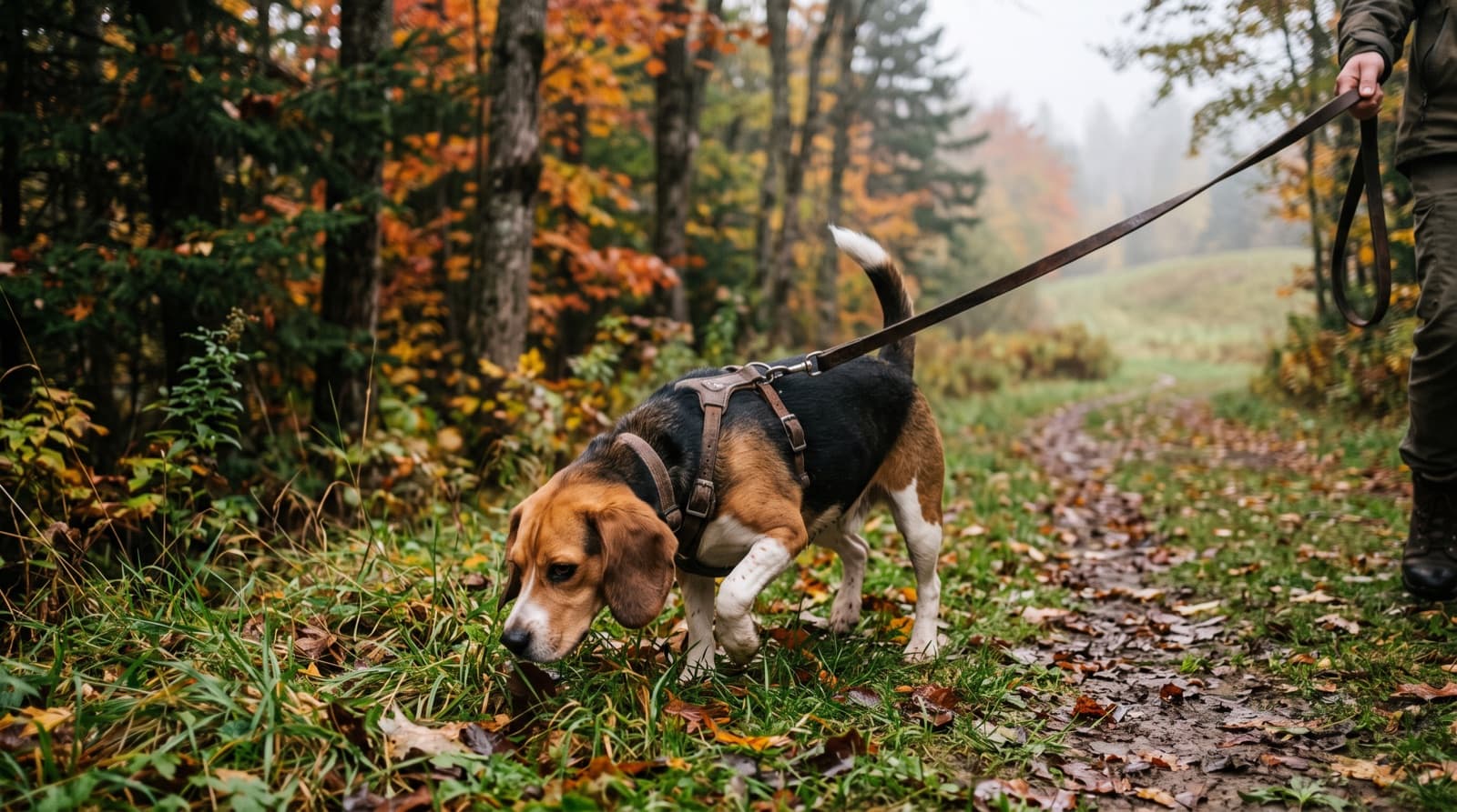A tricolour Beagle on lead on a Saint John, New Brunswick trail with Bay of Fundy fog in the background, nose down and following a scent, representing the friendly but nose-driven temperament of the breed in New Brunswick rescue