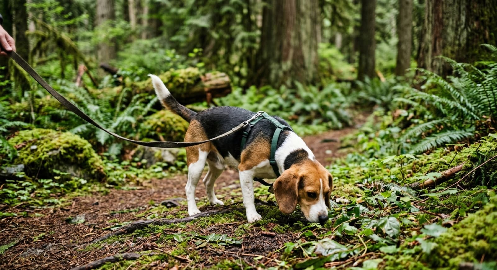 A tricolour Beagle nose-down sniffing on a leash on a Vancouver forest trail