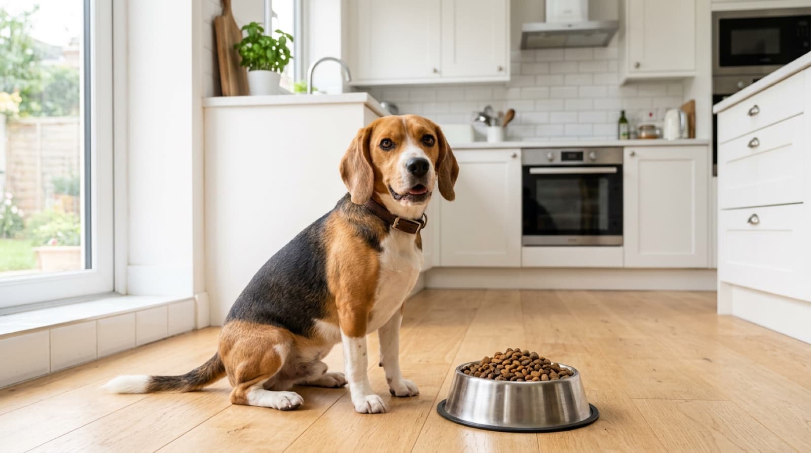 Beagle sitting beside a bowl of kibble in a bright home kitchen