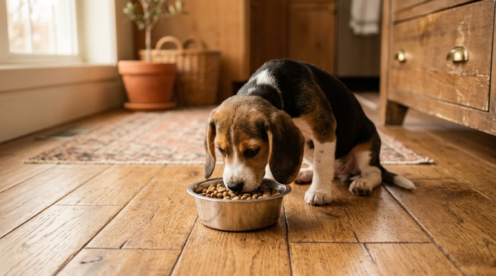 Beagle puppy eating from a stainless steel bowl on a home kitchen floor