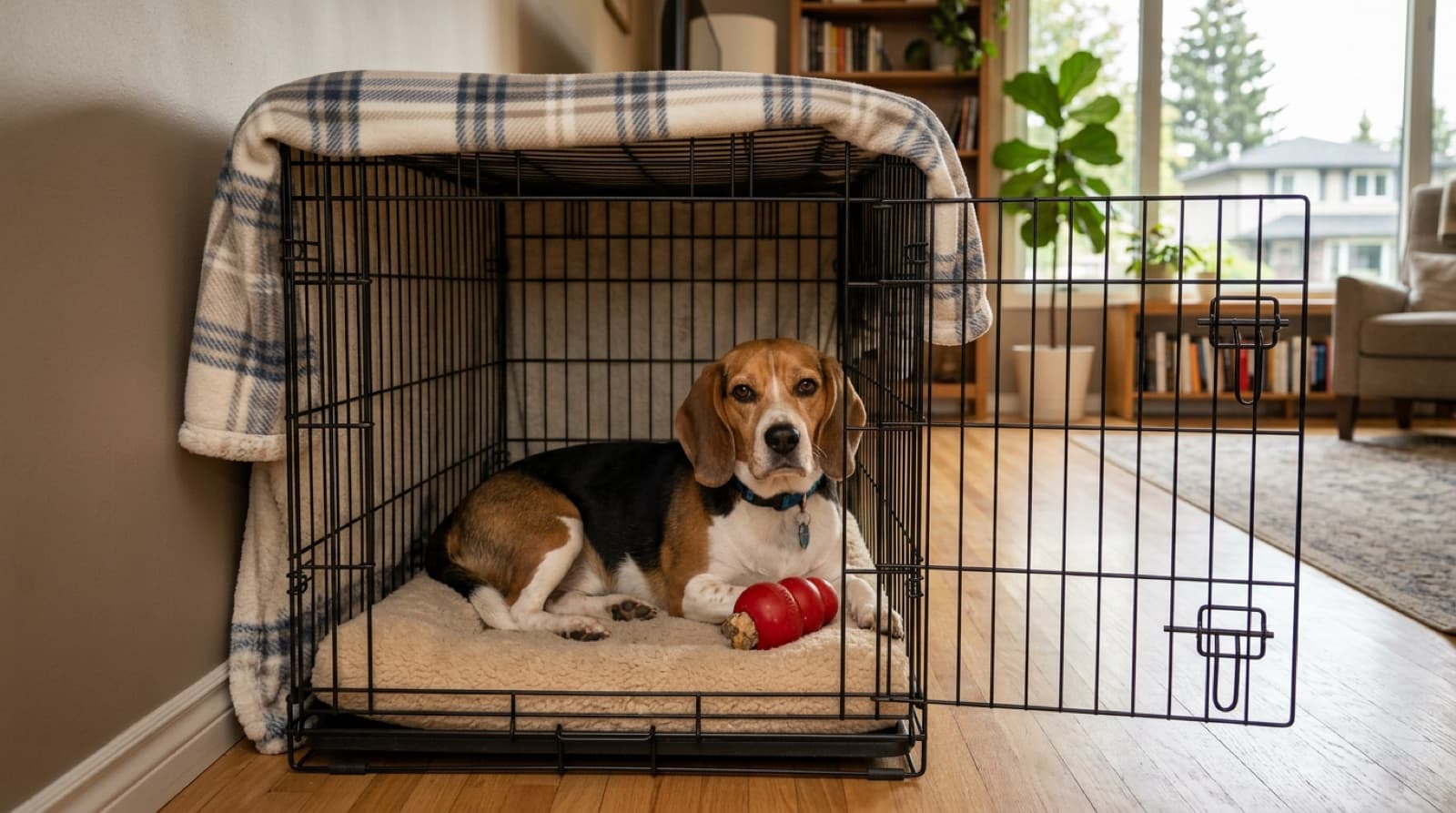 A tricolour adult Beagle sitting calmly inside an open wire crate in an Edmonton living room with a soft bed, a frozen Kong, and a blanket, illustrating the positive crate-training setup that prevents separation anxiety howling