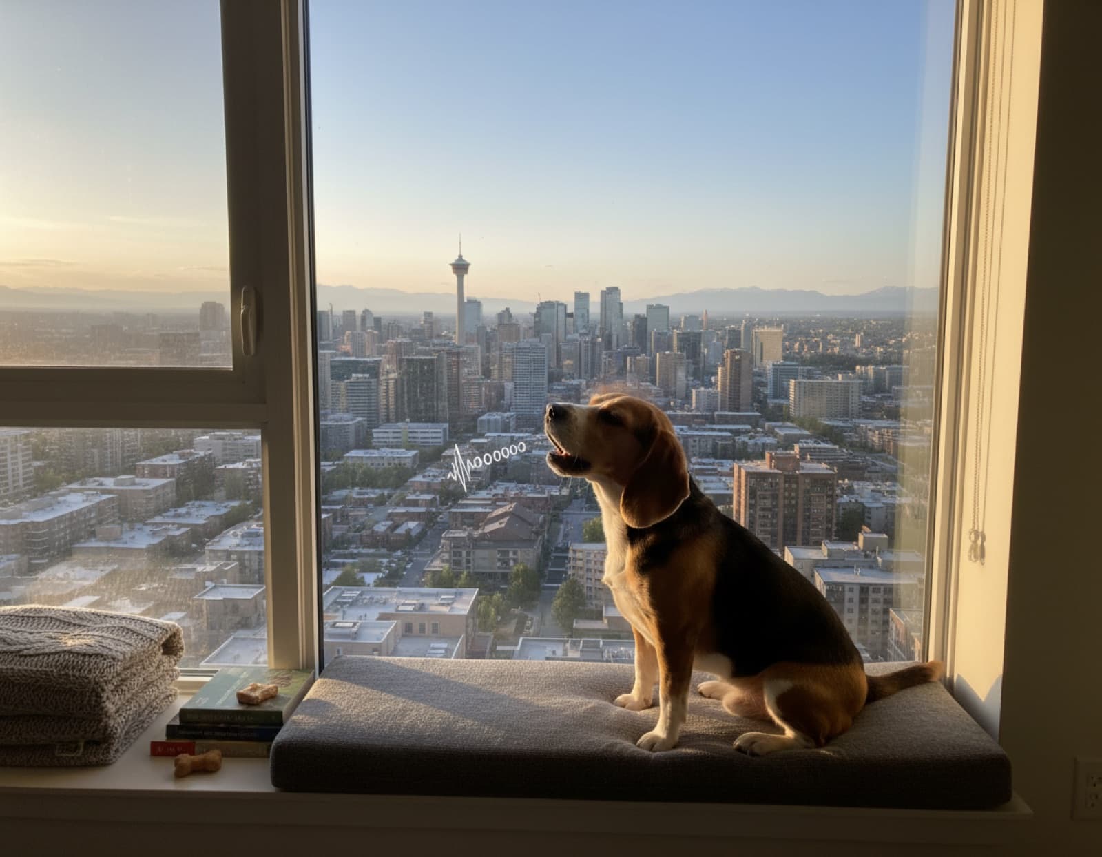 Beagle sitting alone on a window ledge looking out at the Calgary skyline at golden hour with a wistful expression