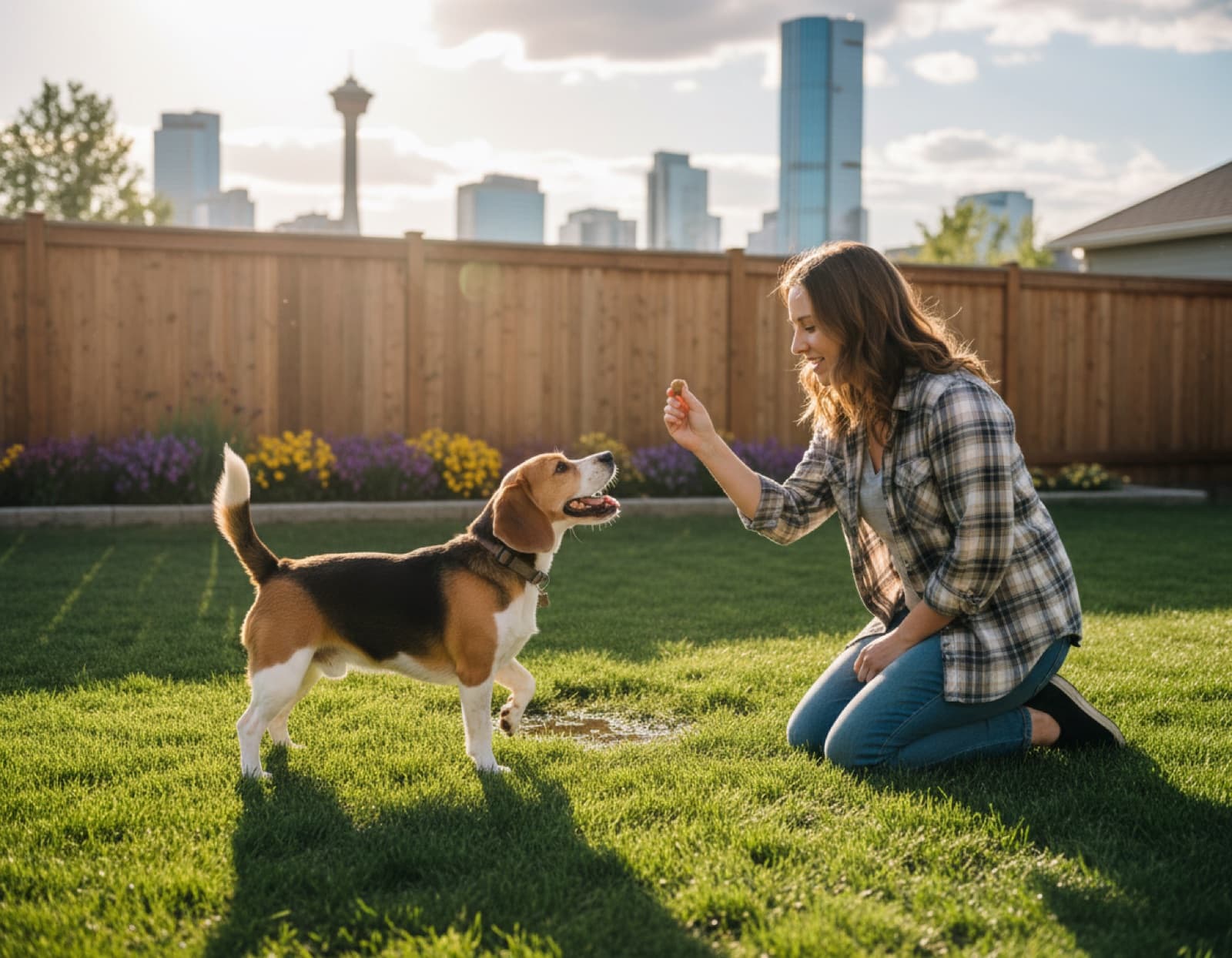 Beagle being praised with a treat by a kneeling owner in a Calgary backyard, downtown skyline behind in late afternoon light