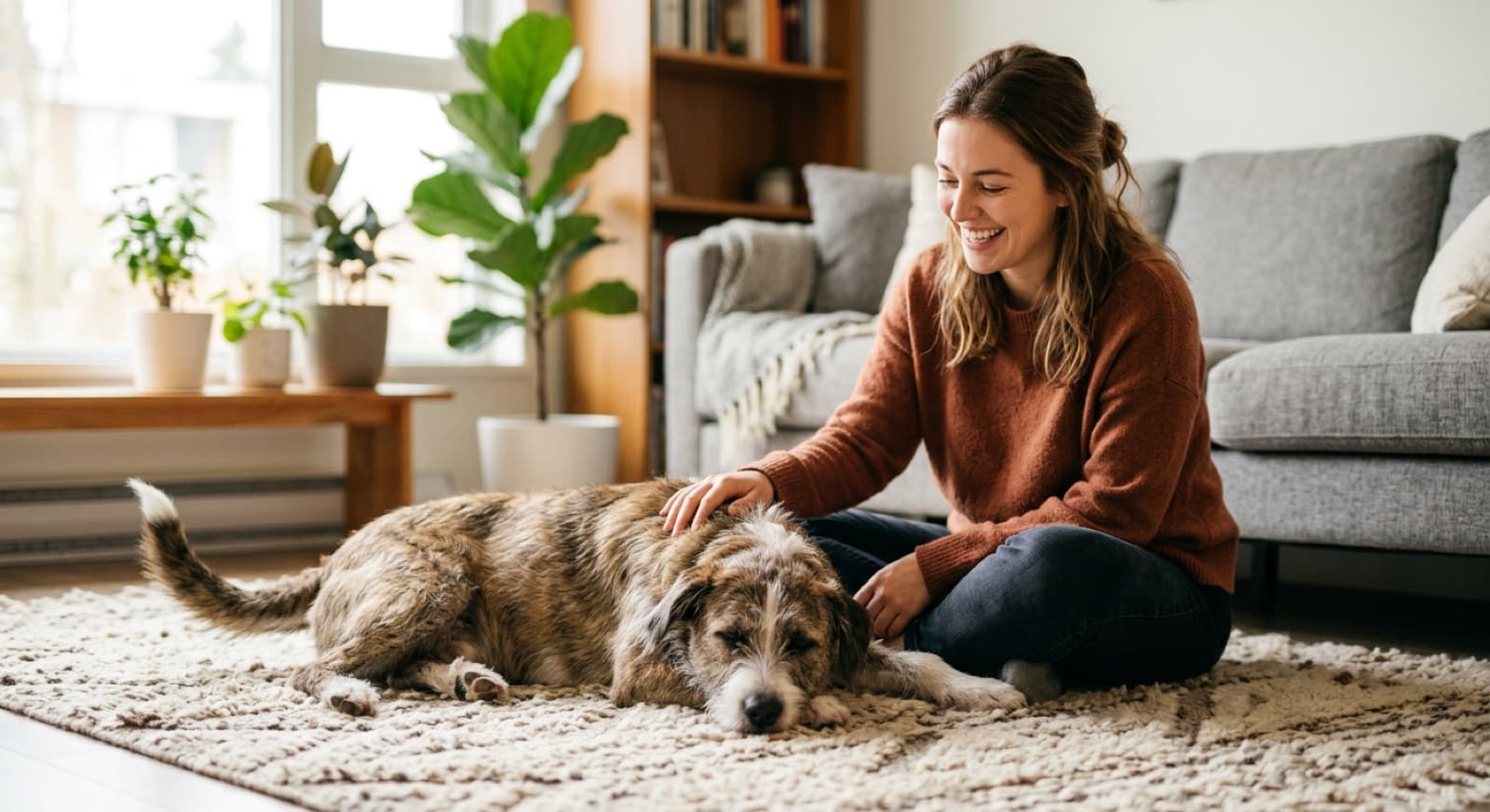 A foster dog relaxing at home with its temporary family in Vancouver