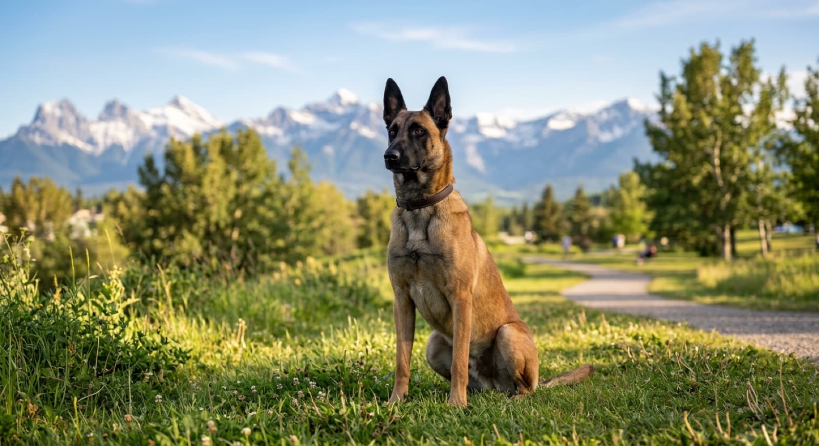 An alert fawn Belgian Malinois with a black mask sitting attentively in a grassy Calgary park, mountains in the distance