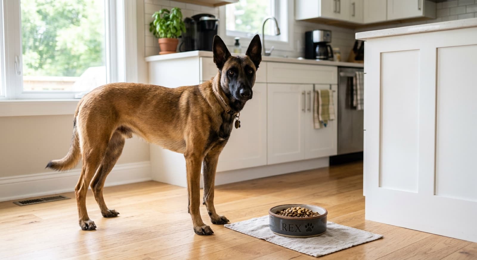 Lean Belgian Malinois standing beside a bowl of kibble in a bright home kitchen