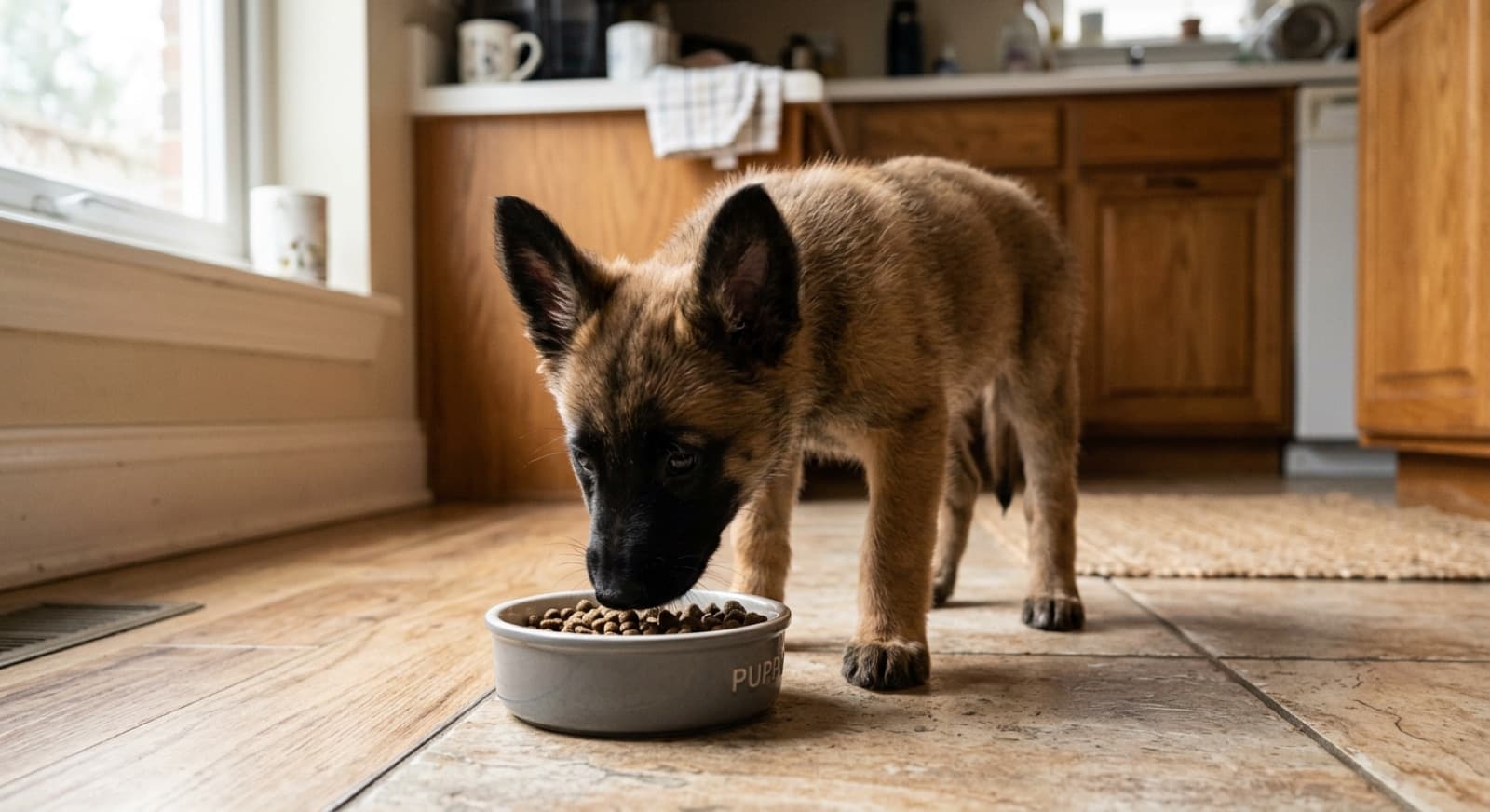 Belgian Malinois puppy eating from a bowl on a home kitchen floor