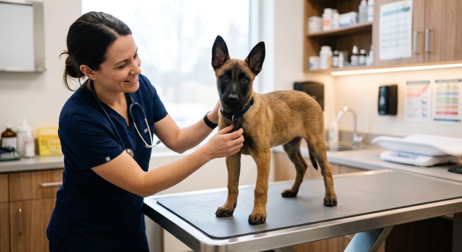 A fawn Belgian Malinois with a black mask standing alert for a veterinarian in a bright Calgary clinic