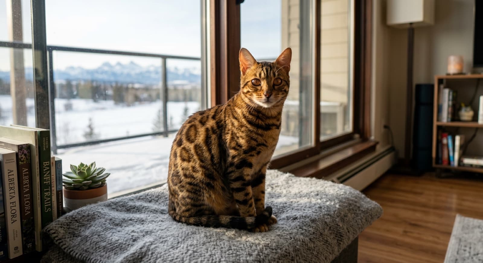 A rosetted brown spotted Bengal cat with high-contrast wild-looking markings perched on a tall cat tree in a Calgary living room, the kind of high-energy purebred or mix that occasionally lands at MEOW Foundation or the Calgary Humane Society as an energy-mismatch surrender