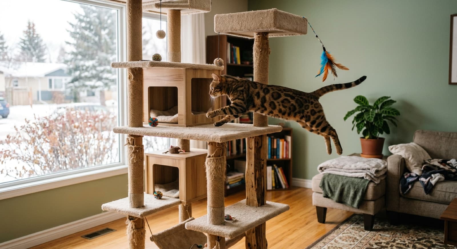 A spotted Bengal cat mid-leap from a tall cat tree toward a feather wand toy in a sunlit Edmonton living room, illustrating the prey drive and athletic energy that defines the breed