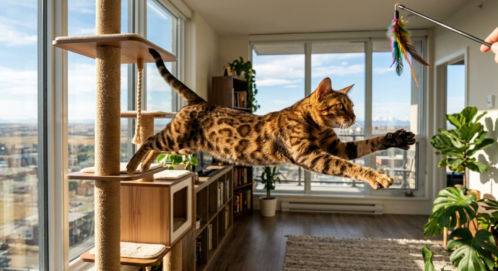 A spotted Bengal cat mid-leap from a tall cat tree toward a feather wand toy in a sunlit Calgary living room, illustrating the prey drive and athletic energy that defines the breed
