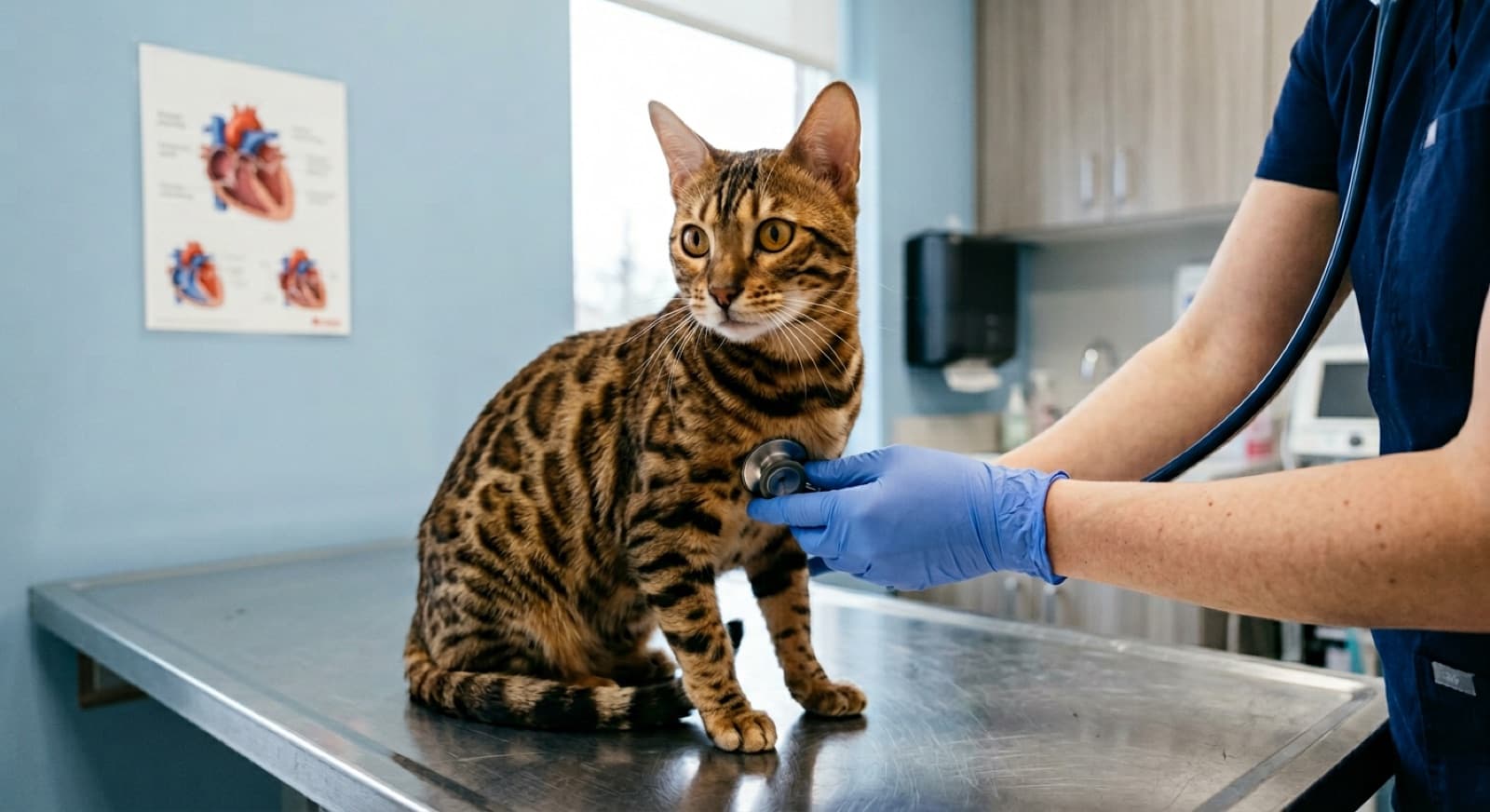 A healthy adult Bengal cat with rosette markings being examined by a veterinarian with a stethoscope during an annual cardiac wellness check at a Calgary veterinary clinic