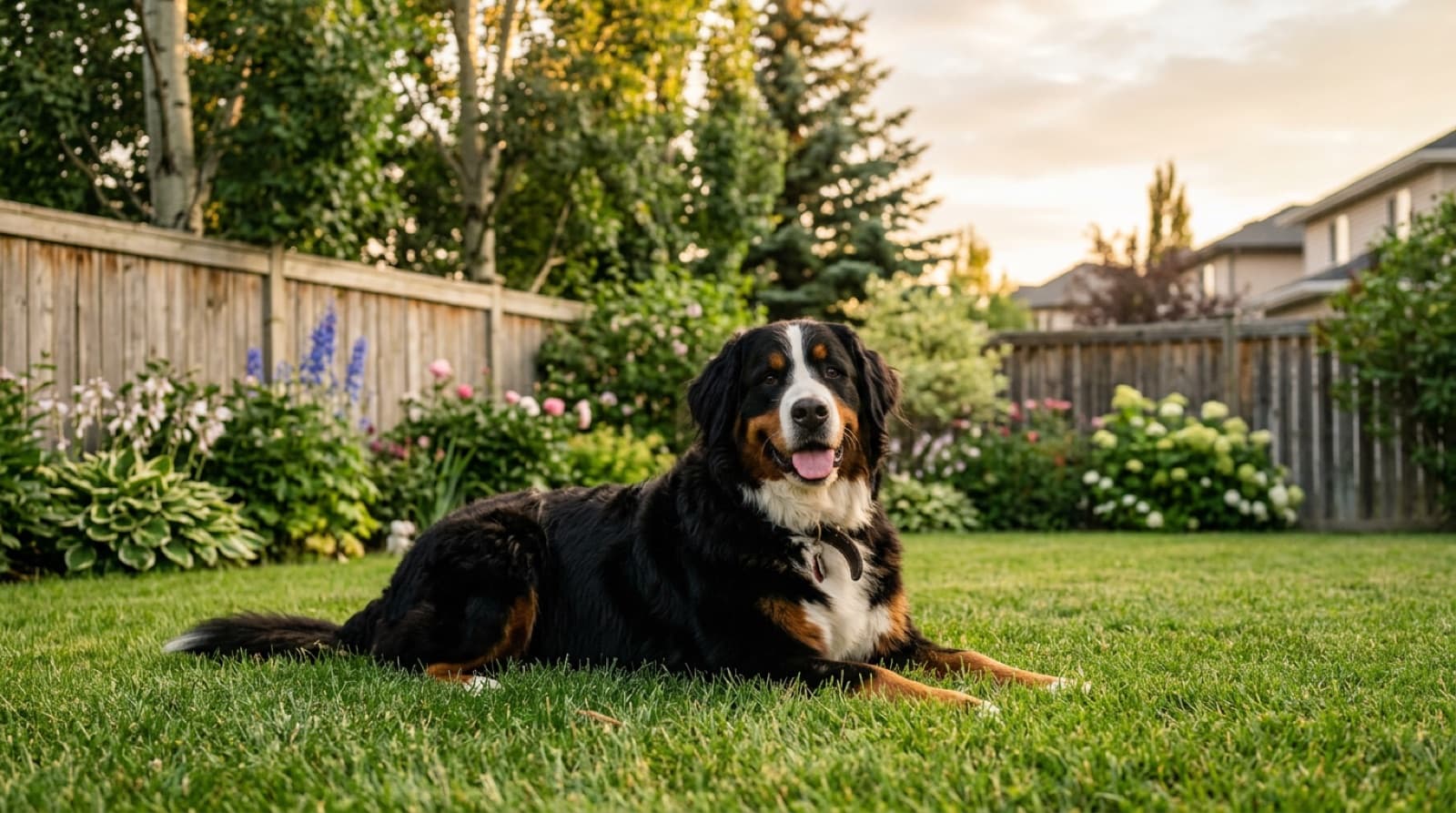 A mature adult Bernese Mountain Dog (7 years old) resting calmly on a grassy Edmonton backyard during a peaceful summer evening, illustrating the breed's calm devotion that owners cherish despite the short lifespan
