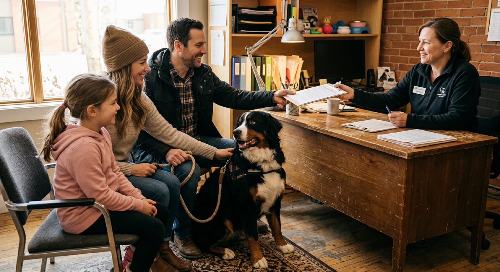 A Calgary family finalizes adoption paperwork for a tri-colour Bernese Mountain Dog at a rescue intake desk