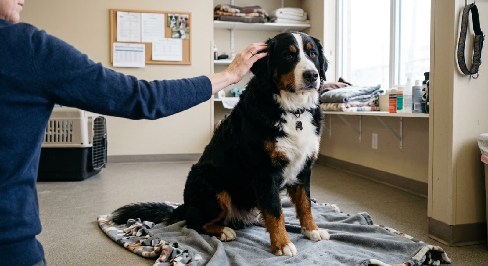 Adult tri-color Bernese Mountain Dog standing on a Calgary off-leash trail in winter, showing the breed's classic black, white, and rust coat