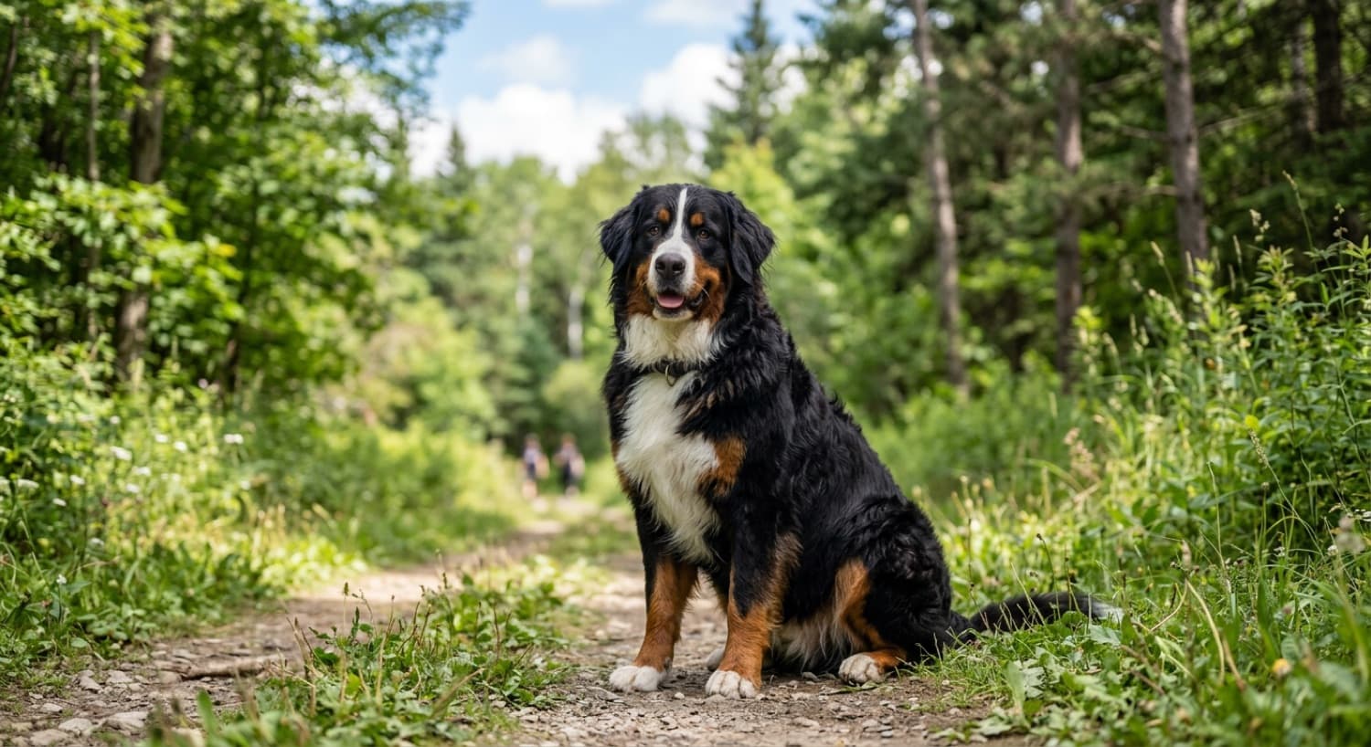 A tricolour Bernese Mountain Dog on a cool, misty Vancouver mountain trail