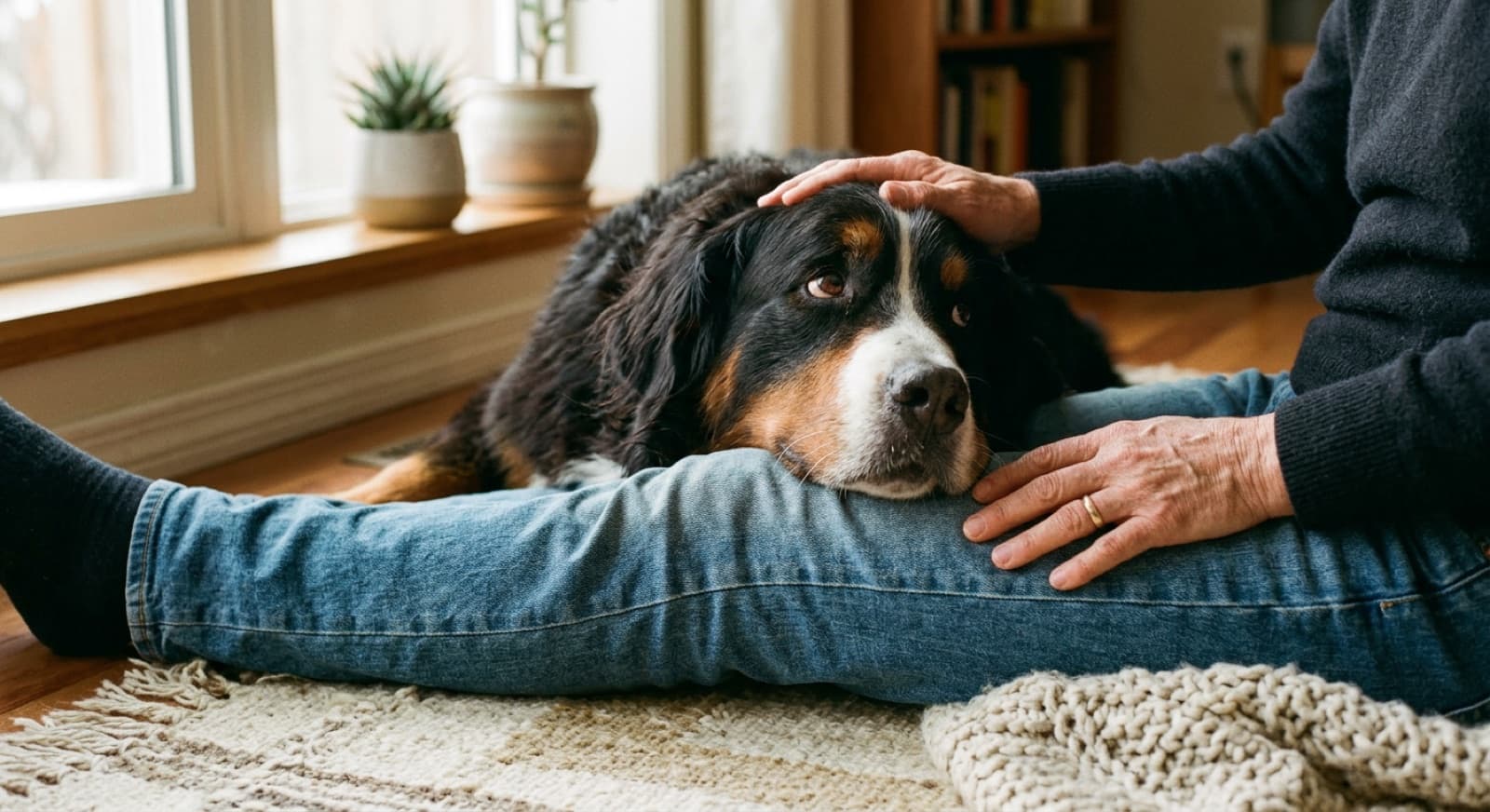 A Bernese Mountain Dog resting in a Calgary backyard, illustrating the breed's short but cherished lifespan