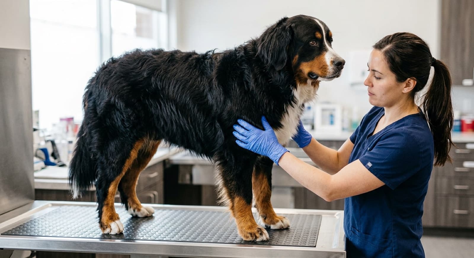Calgary veterinarian performs cancer screening palpation on an adult tri-colour Bernese Mountain Dog