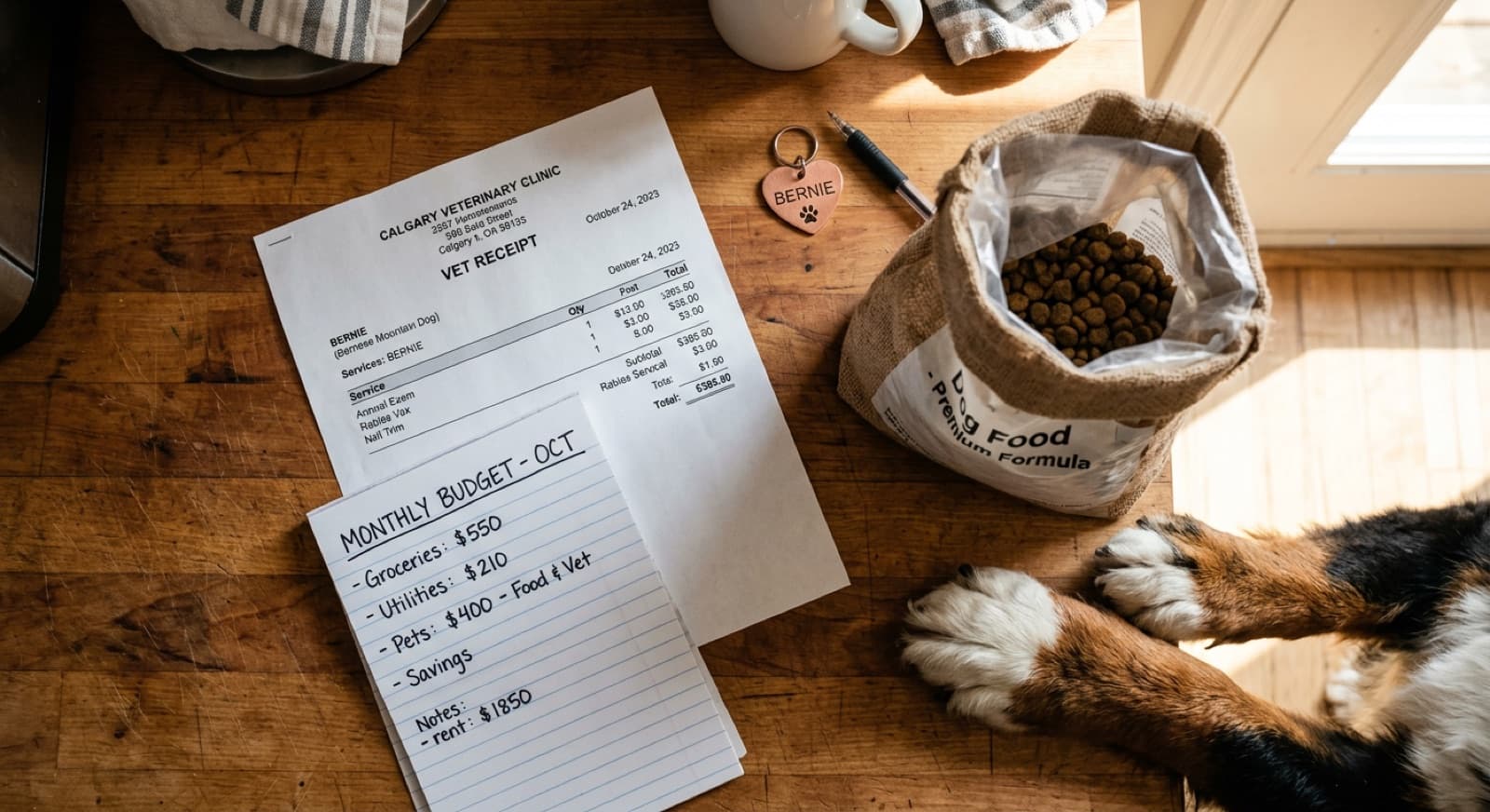 Calgary kitchen counter showing a vet receipt, monthly budget, and Bernese Mountain Dog supplies
